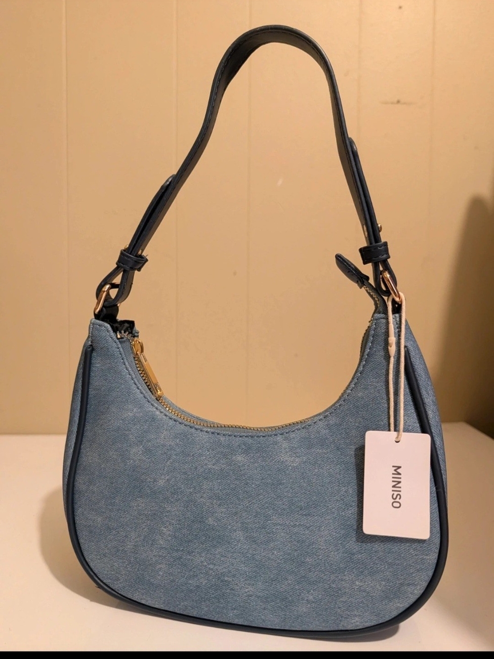 MINISO Light Blue Denim-Style Crescent Shoulder Bag